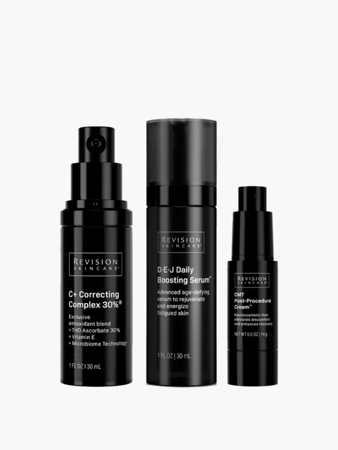 Laser pre/post skincare kit with DEJ serum, CMT Post-Procedure Cream, and C+ Correcting Complex 30% for treatment prep and recovery